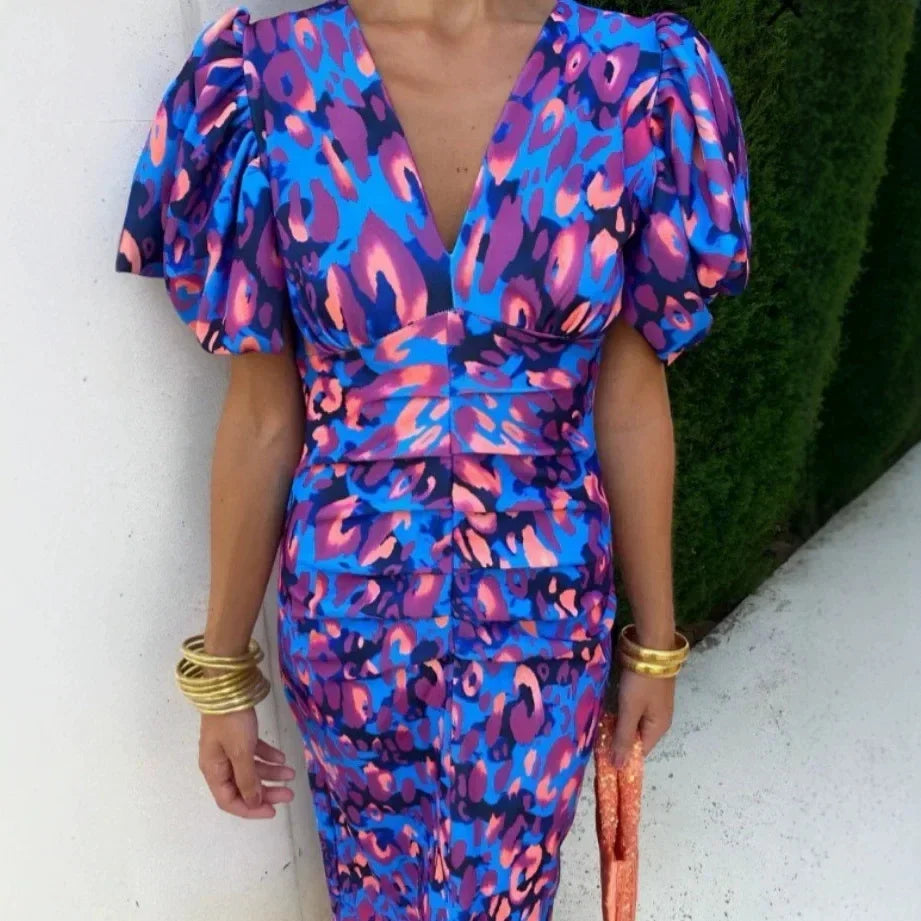 Elegant Women's Dresses Summer Print V-neck Tight Short Sleeved Women Retro Vestidos De Fiestas Vacation Mujer Robe Femmes Party