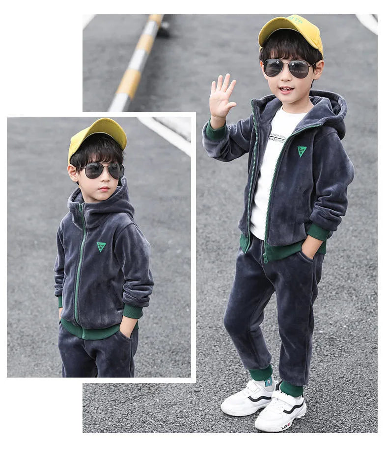 Boys Double-sided Velvet Sets Children Fashion Casual Hooded Suit Kids Autumn Winter Jackets+Pants 2Pcs Outfits Teenager Clothes