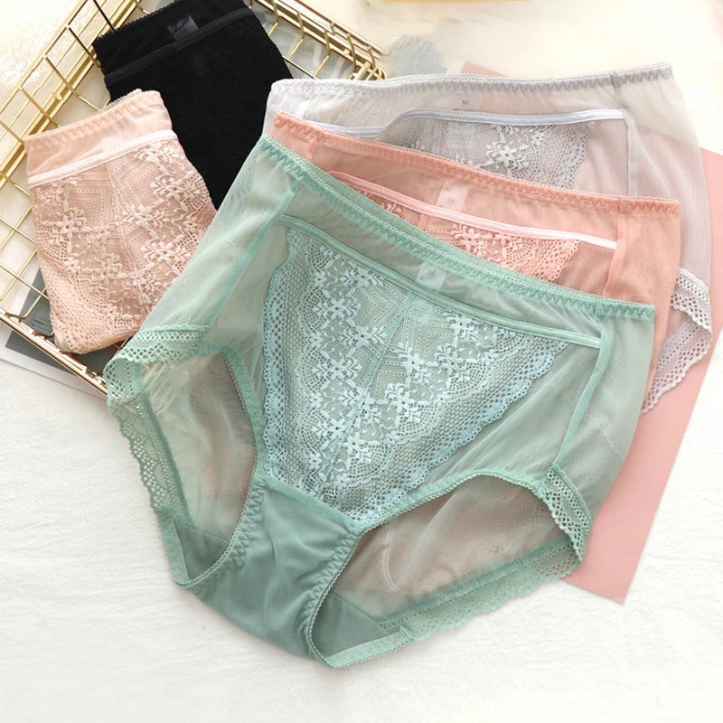 Women Transparent Lace Panties Large Sizes with High Waist Summer Sexy Mesh Hollow Out Briefs Women's Underwear Plus Size