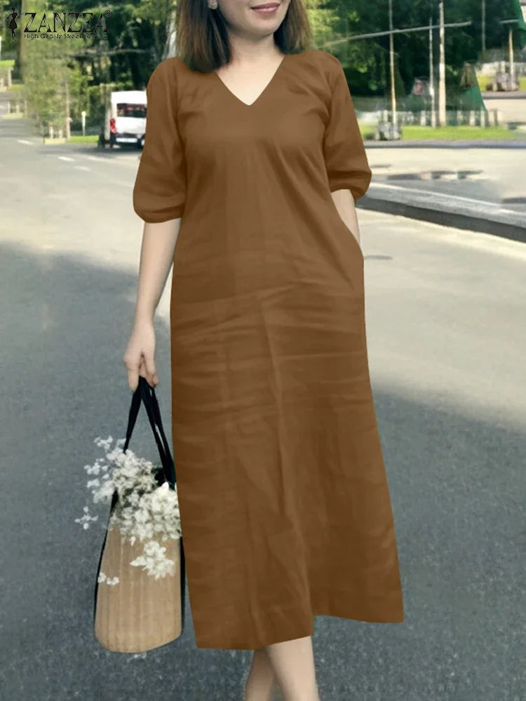 ZANZEA 2025 Fashion Summer Dress Women V Neck Short Sleeve Holiday Sundress Casual Loose Party Work Vestidos Kaftan Robe Femme