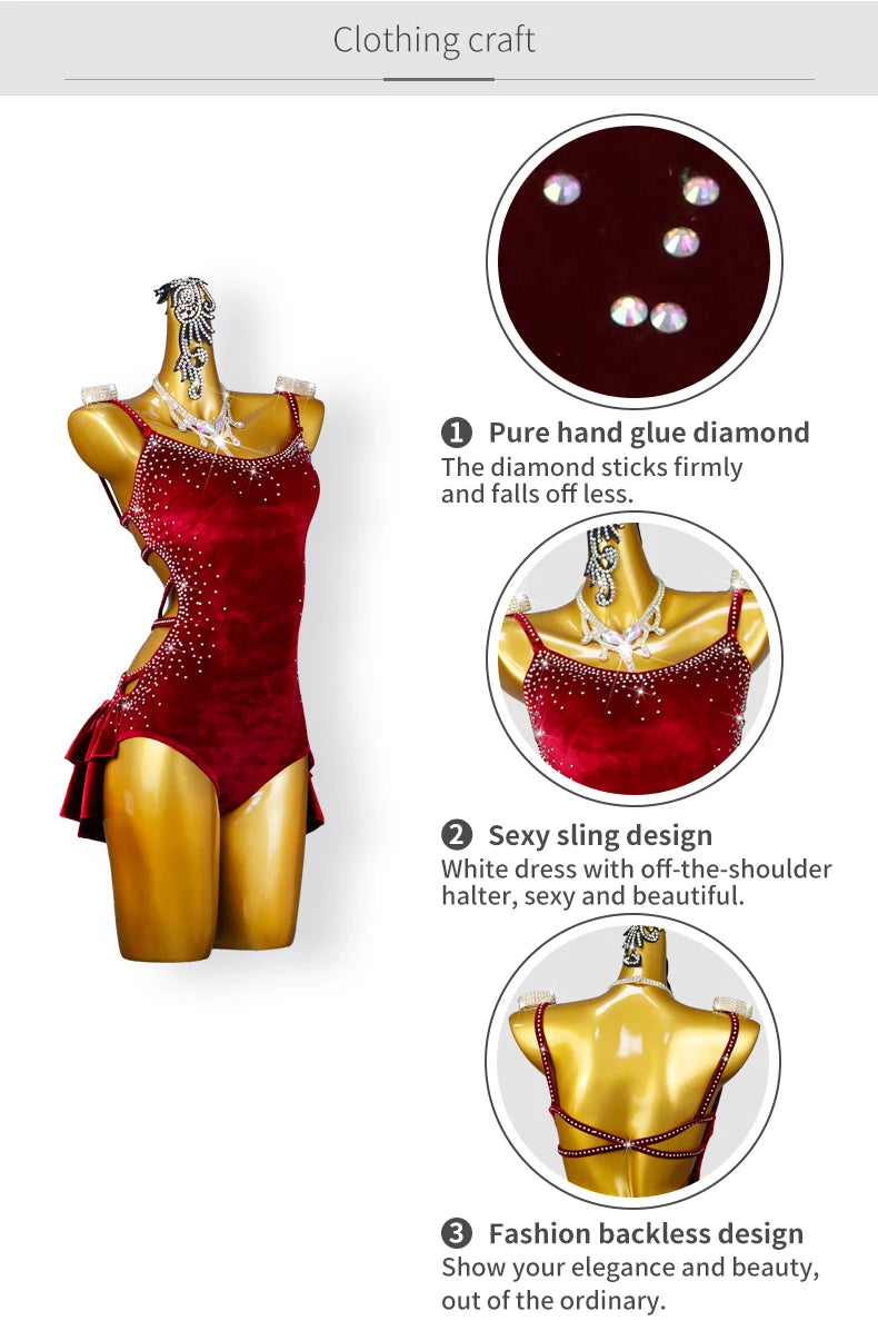 New Velvet Latin Dance Party Dress Sexy Adult Womens Short Skirt Ballroom Costume Cha-Cha Line Suit Girls Sport Party Customized