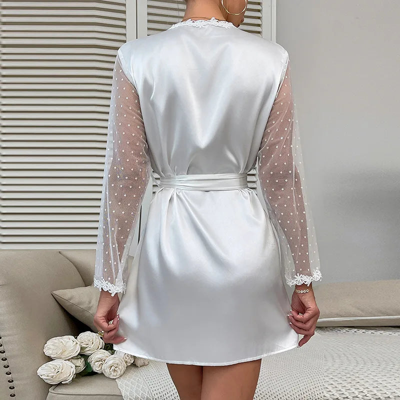 Sexy Fashion Women's White Polka Dot Robe  V-Neck Lace Trim Belted Mesh Sleeves Nightgown Lazy Style Loungewear for Home