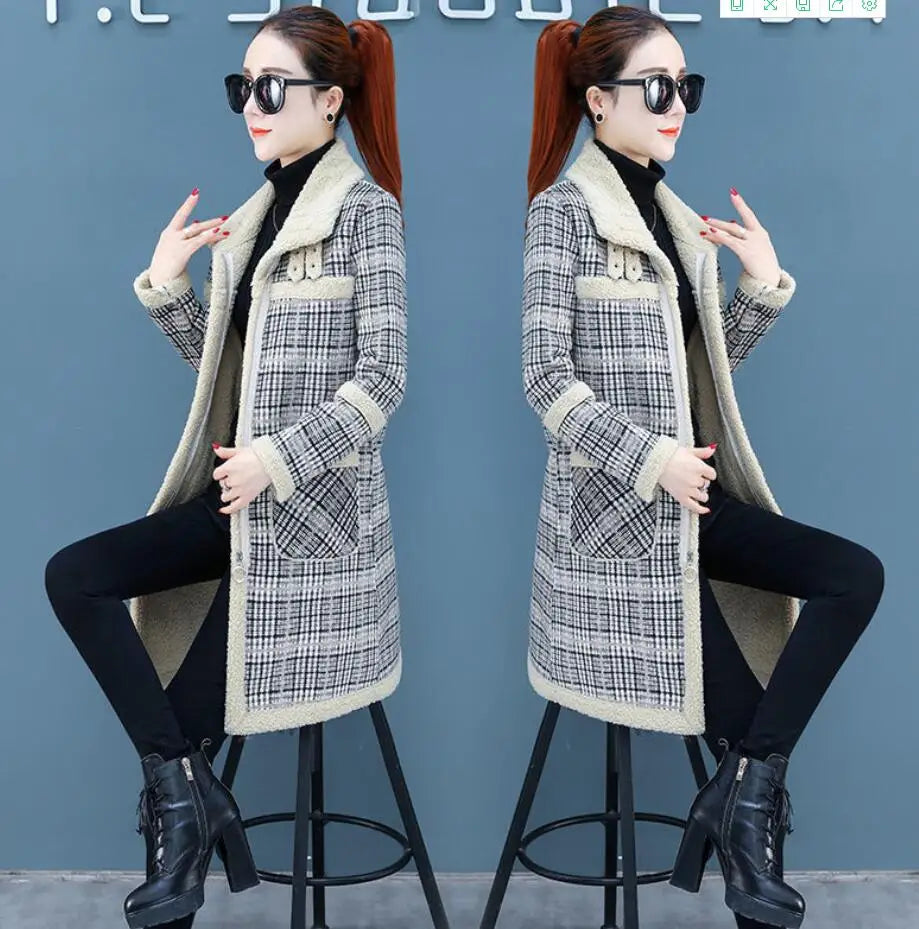 Manteau Long Laine Femme À Carreaux – Grande Taille Chaud Hiver Slim