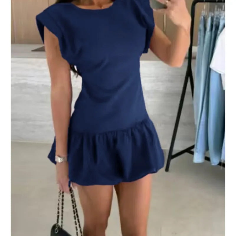 2026 Casual Dresses For Ladies A-line Dress Vestidos Simple Style Slim Ruffles Short Sleeves Solid Color All-match Simple Style