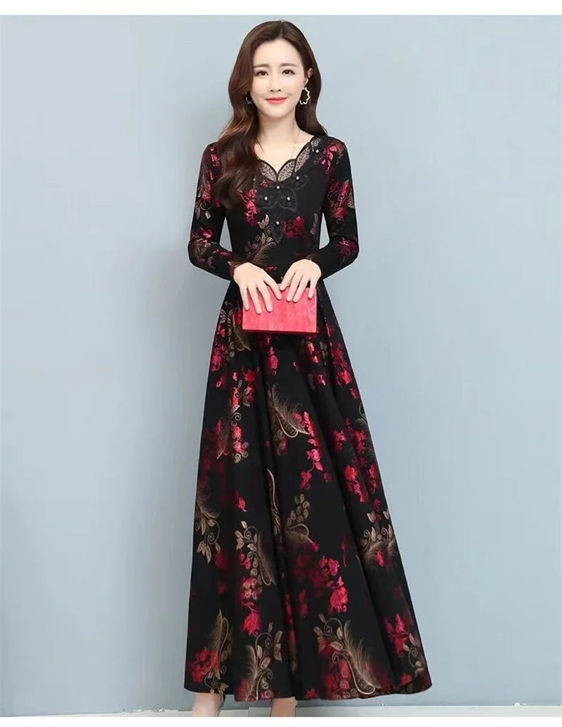 Spring Autumn New Women Dress Elegant Temperament Long A-Line Dress High End Fashion Lace Printed Beading Dresses Vestidos Mujer