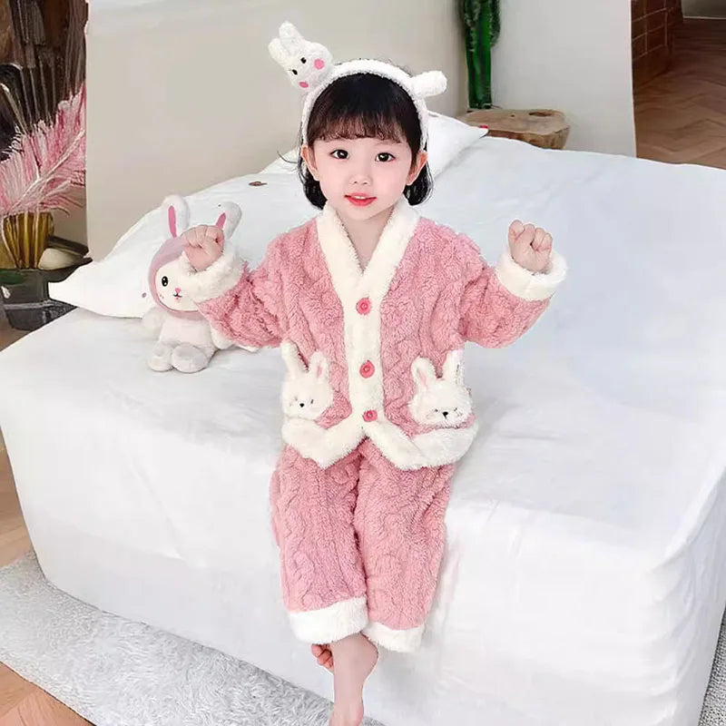 Pyjama Fille Flanelle Motif Lapin – Chaud Kawaii Automne Hiver 90-130cm