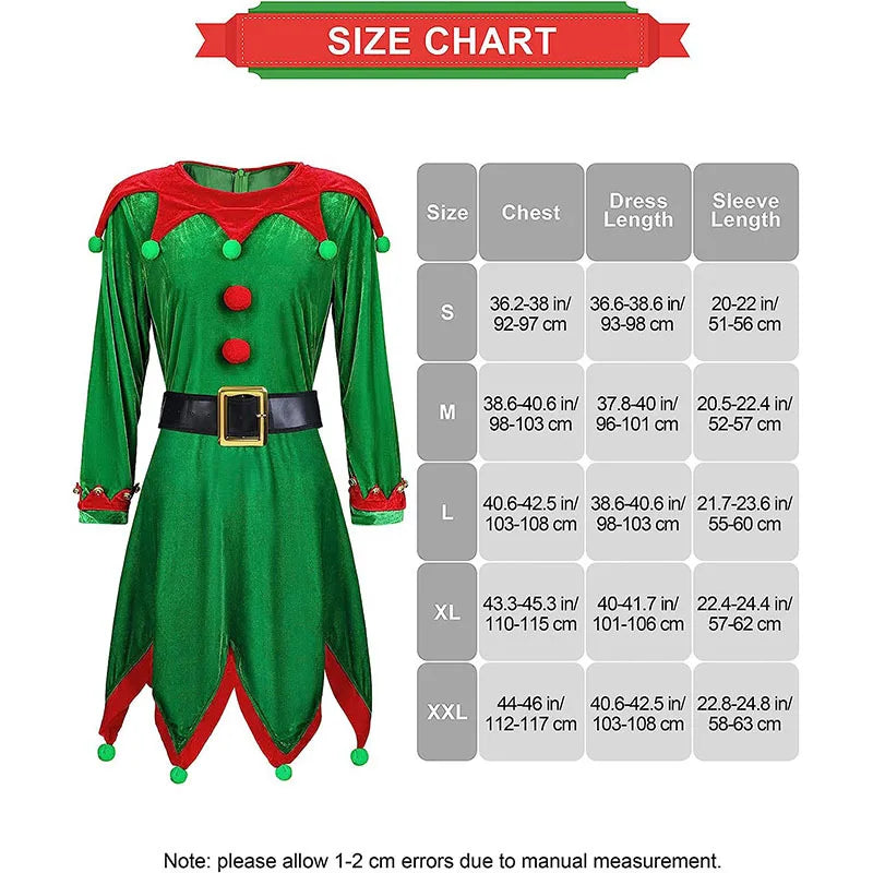Women's Christmas elf costume set, adult velvet dress costume, Santa Claus helper, Christmas holiday