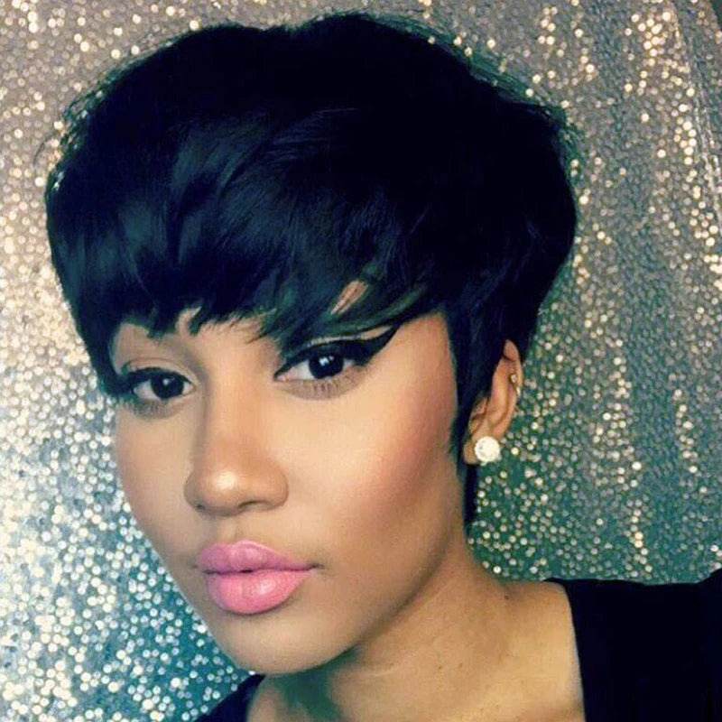 Cheap Short Human Hair Wigs with Bangs 6inch Short Pixie Cut Straight Wig 100% Human Hair for Women Machine Made