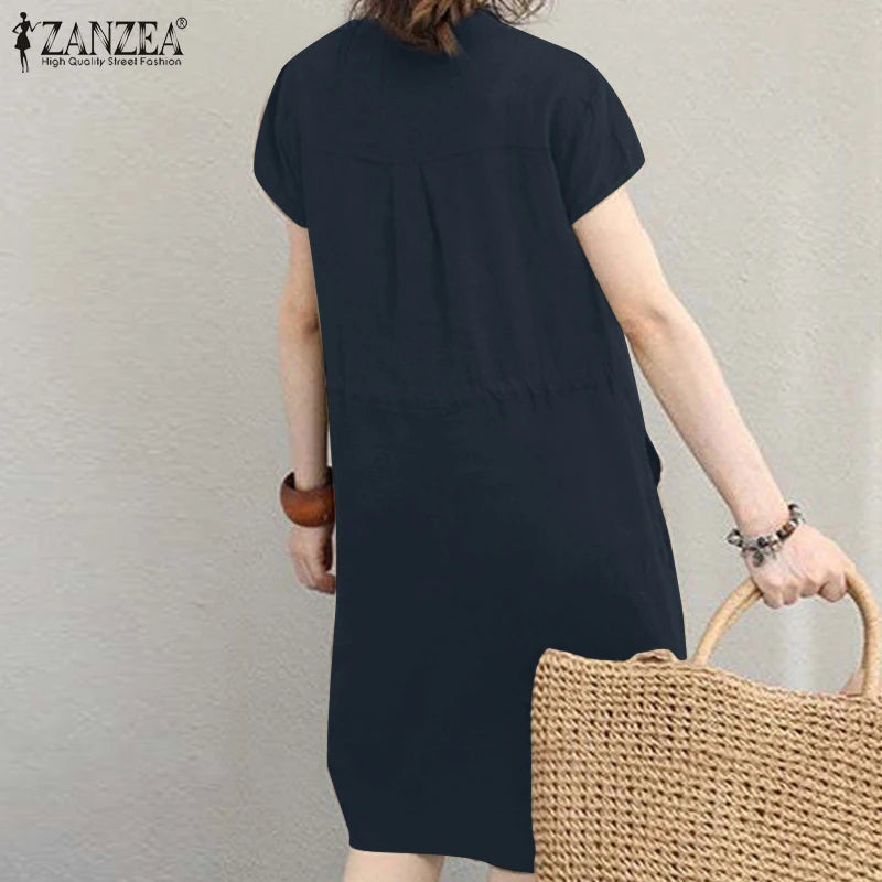 Summer Fashion Short Sleeve Dress ZANZEA Women Casual Drawstring Waist Vestidos Knee-length Robe Femme Elegant OL Work Sundress