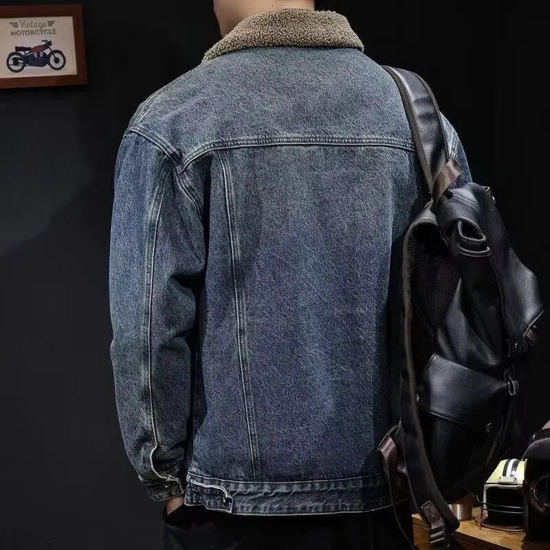 2026 Autumn and Winter Men's New Denim Jacket Fleece Thickened Retro Loose Casual Jacket