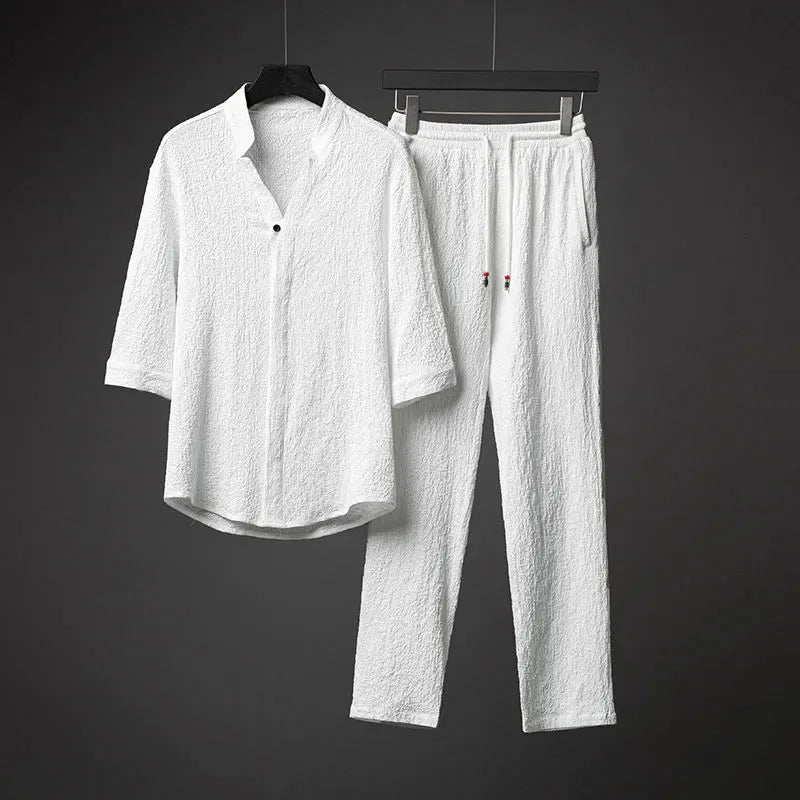 2025 Summer Popular Men's Plus Size Comfortable Casual Suit Men's Solid Color Street Suit Men's Fashion Two-piece Set