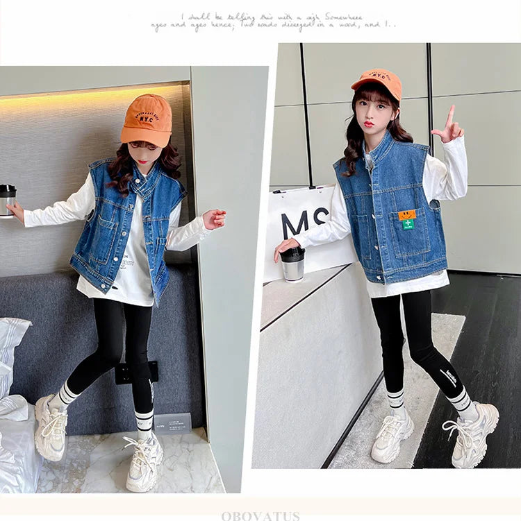 New Fashion Kids Girl Denim Vest Wasitcoat with Smile Face Outerwear Vintage Blue Children Casual Sleeveless Denim Jacket Outfit
