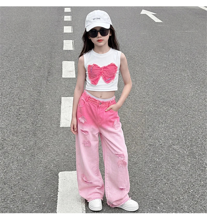 Teenage Girls Clothing Sets Hot Deals Bow Crop Top+Hole Wide Leg Jeans with Butterfly 2Pcs Fashion Gradient Child Clothes Suits