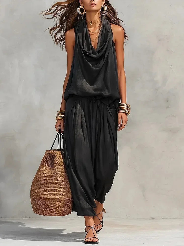 Women 2 Piece Outfit Pleated Collar Sleeveless Vest & Casual Pants Set Elegant High End Commuter Matching Suit European Style