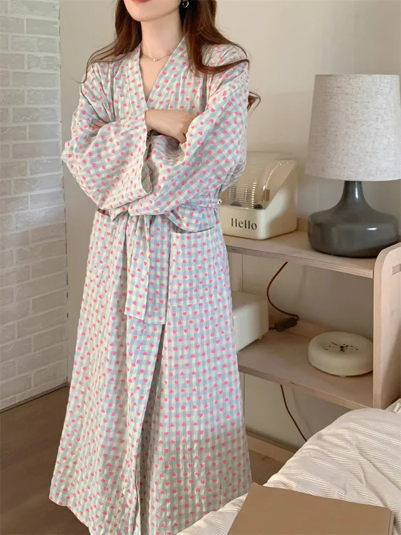 Women's Robe Bathrobe Bathing Love Plaid Loose Long Sleeve Long Kimono Pajamas V-neck Lace Up Trousers Nightgow Sexy Ladies Girl