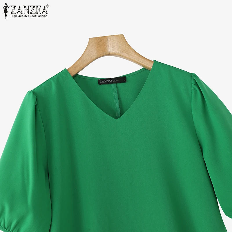 ZANZEA 2025 Fashion Summer Dress Women V Neck Short Sleeve Holiday Sundress Casual Loose Party Work Vestidos Kaftan Robe Femme
