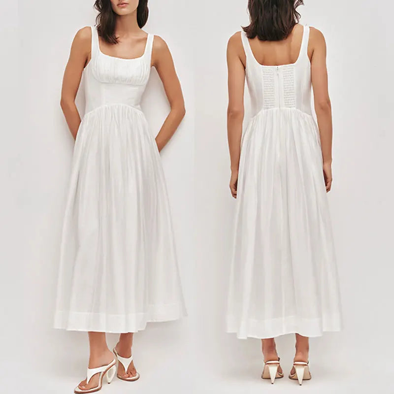 Women Solid Color camisole midi dress Square Collar high waist fashion Casual dress