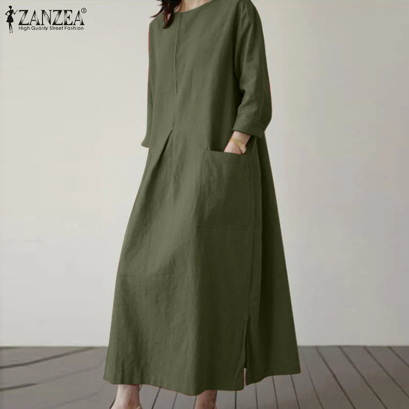 2024 ZANZEA Fashion Summer Vintage Women Solid 3/4 Sleeve Sundress Baggy Loose Casual Dress Oversize Vestidos Kaftan Robe Femme