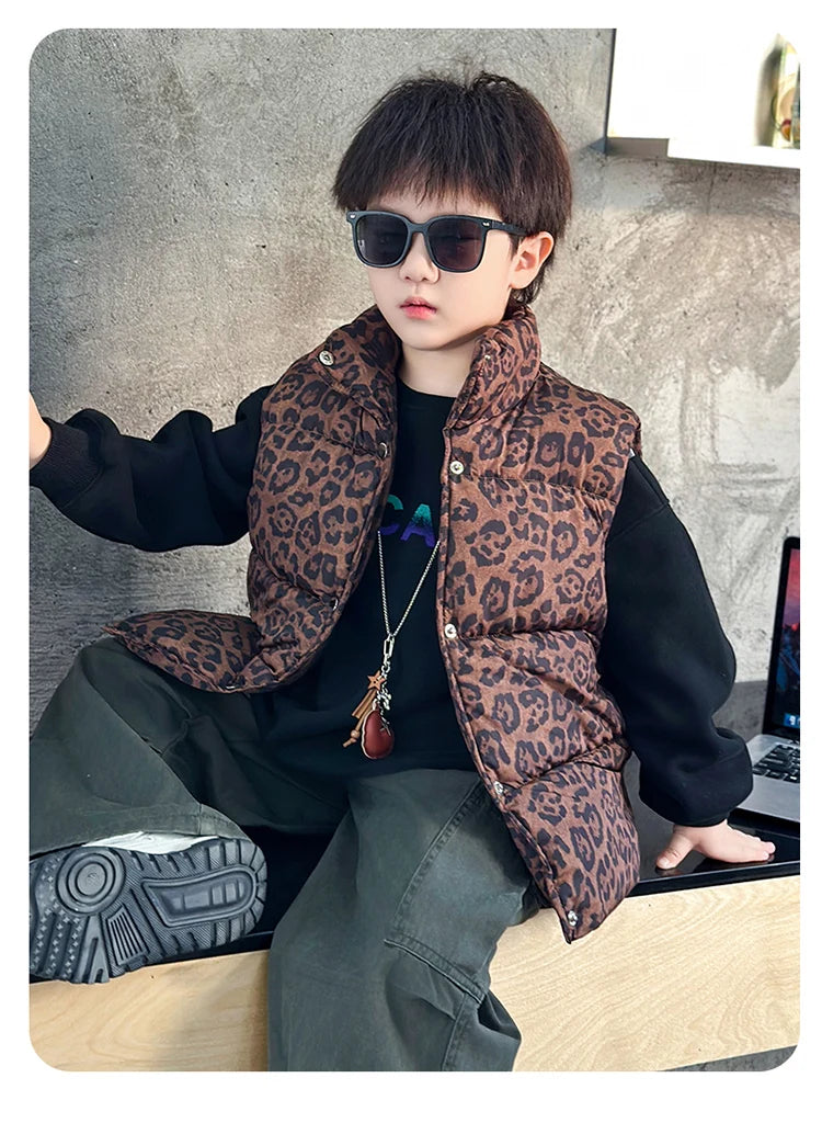New Fashion Baby Boy Girl Leopard Print Sleeveless Vest Elegant Kids Children Winter Waistcoat Age 2 3 4 5 6 7 8 9 10 11 Years