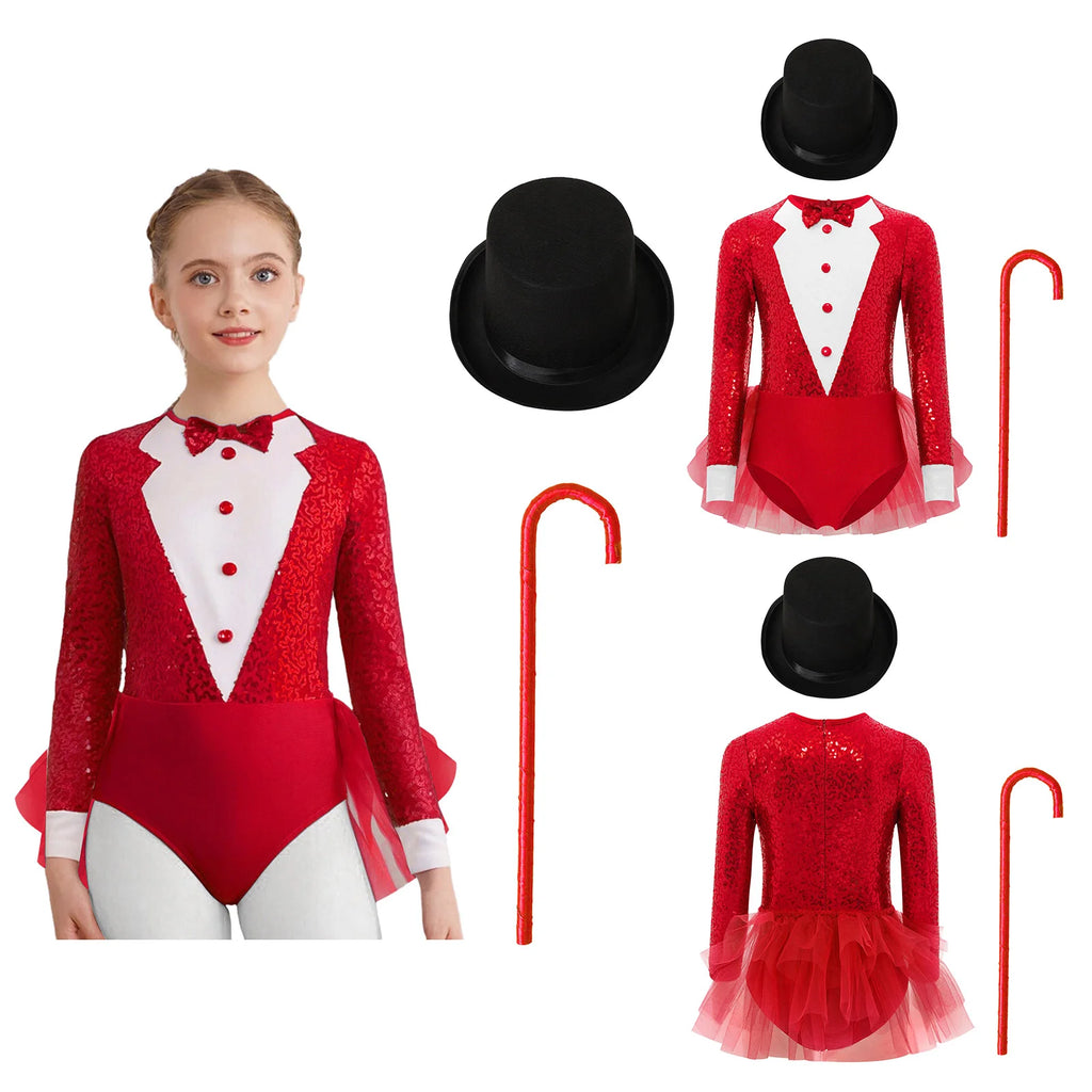 Kids Girls Majorette Leotards Showman Jazz Dance Costume Magician Outfit Tuxedos Bodysuit with Hat And Crutch Sequins Leotard