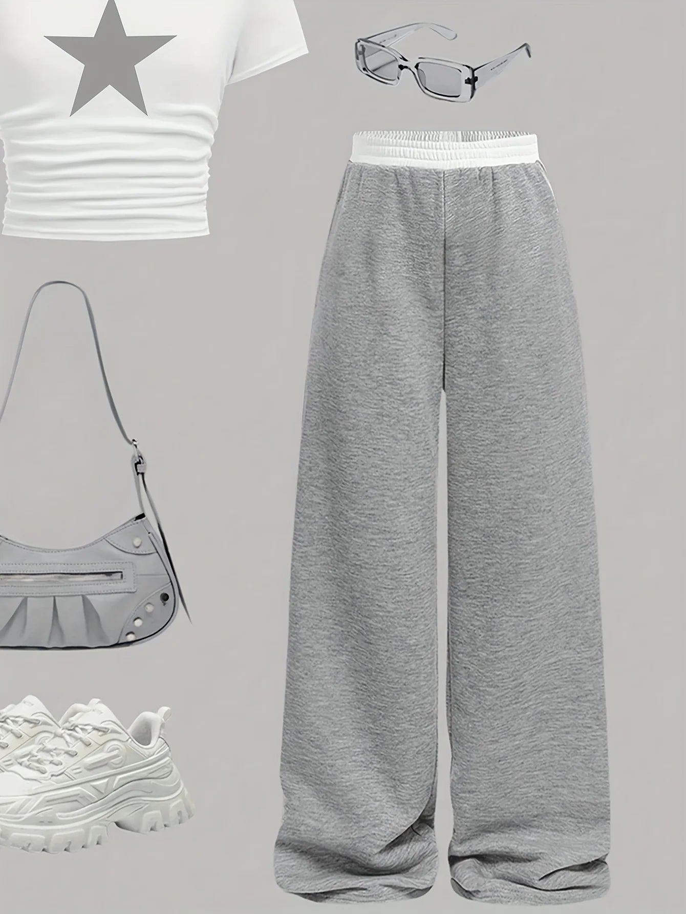 Children's Clothing Set for Summer: Girls' Sporty Solid Color Knit Star Print Short-Sleeve Top and Color-Blocked Straight-Leg Pants Two-Piece Set in White + Gray, Stylish and Casual, Suitable for Children Aged 5-13
