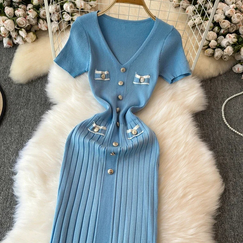 Elegant Knitted Long Dress Women Summer V Neck Single Breatsed Short Sleelve Bodycon Dresses Fashion Party Office Lady Vestidos
