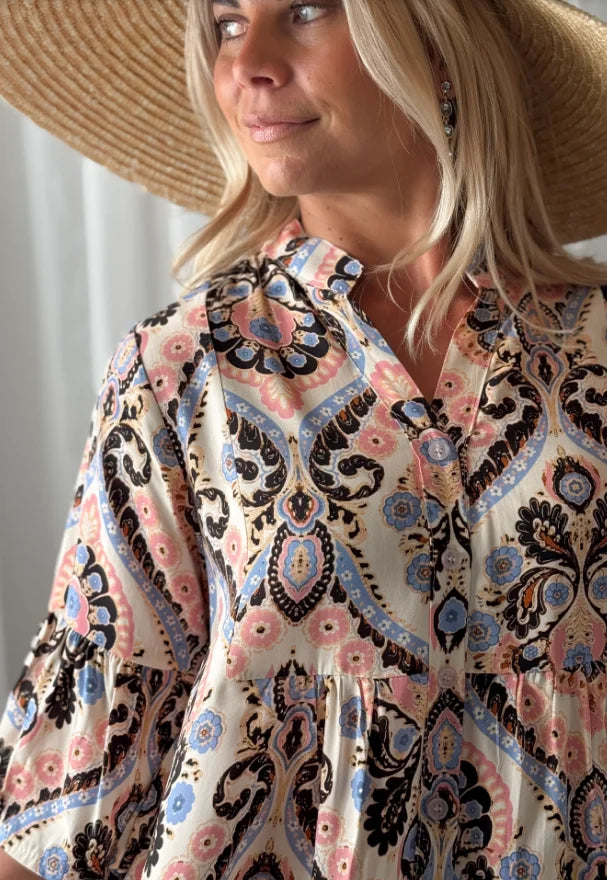 New Plus Size Women Boho Paisley Print Shirt Dress, Casual Flowy Ruffle Hem Long Dress for Summer Vacation Daily Wear