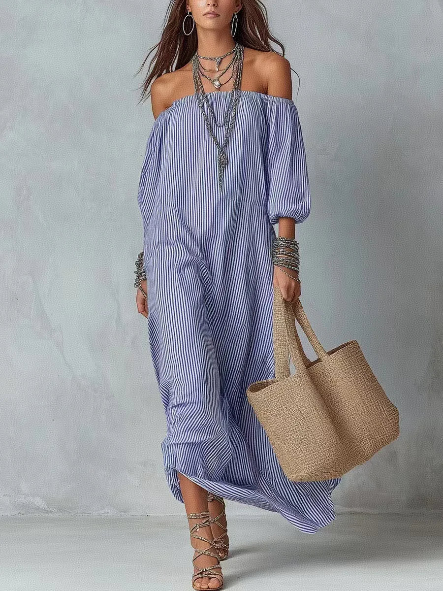 Casual Dresses New Spring Summer Elegant Striped Off-shoulder Loose Holiday Fashion Dress For Women Office Holiday Party Dress