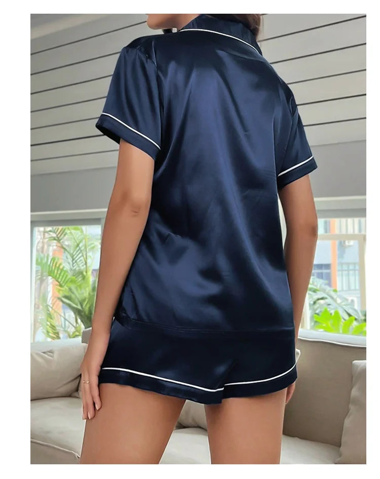 Elegant Satin Solid Pajamas Set Short Sleeve Lapel Buttons Top And Shorts Breathable Fabric Skin-Friendly Fit Women's Sleepwear