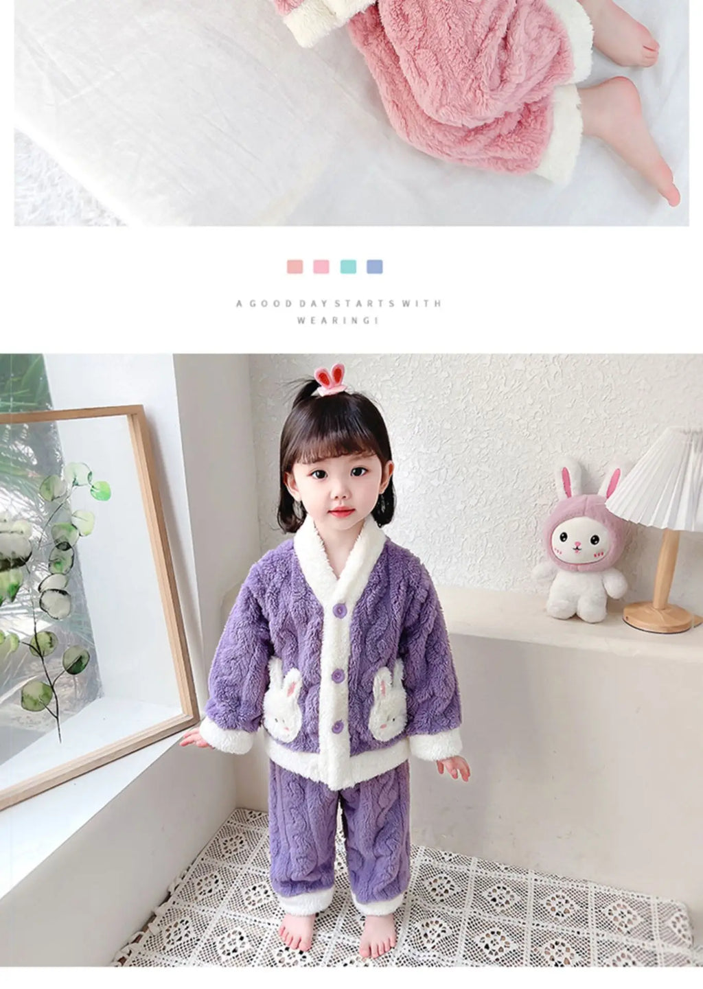Pyjama Fille Flanelle Motif Lapin – Chaud Kawaii Automne Hiver 90-130cm