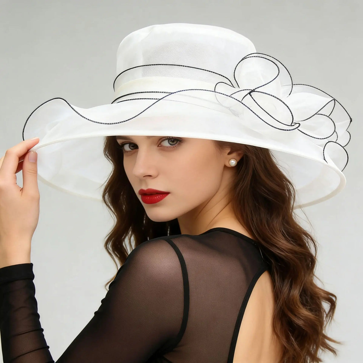 French Vintage Women Foldable Organza Church Derby Hat Ruffles Wide Brim Uv Protection Sun Hat  Ladies Outdoor Styling