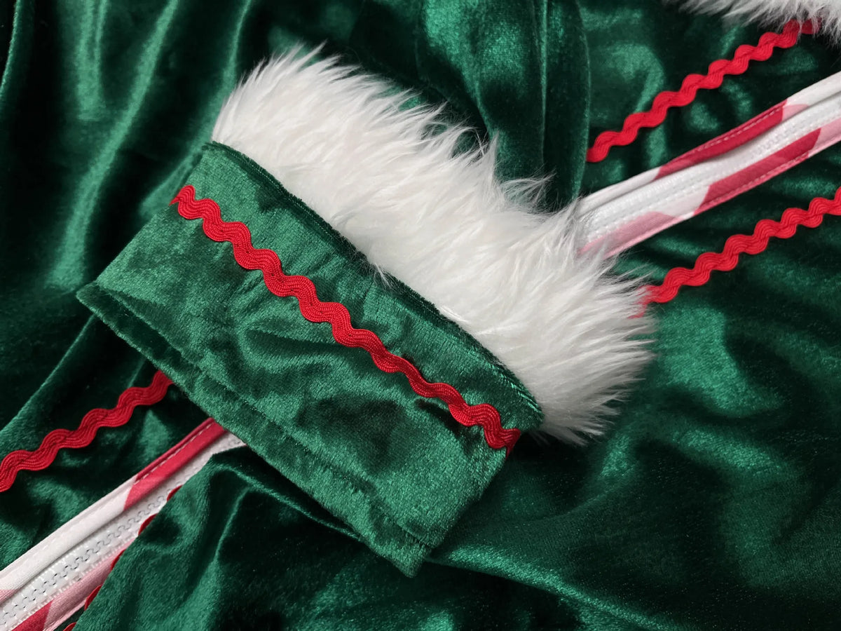 Christmas Elf Costume for Adults Men Women Couple Green Velvet Dress Suit Belt Hat Striped Stockings Xmas Party Cosplaywear