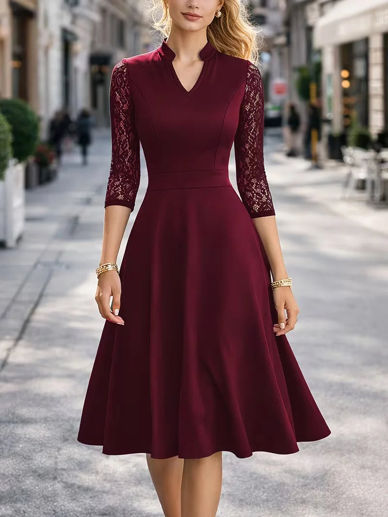 Women Sexy V-Neck Lace 2/3 Sleeve Summer Work Office Knee Length Base Show Thin Temperament Fit And Flare Swing A-Line Dress