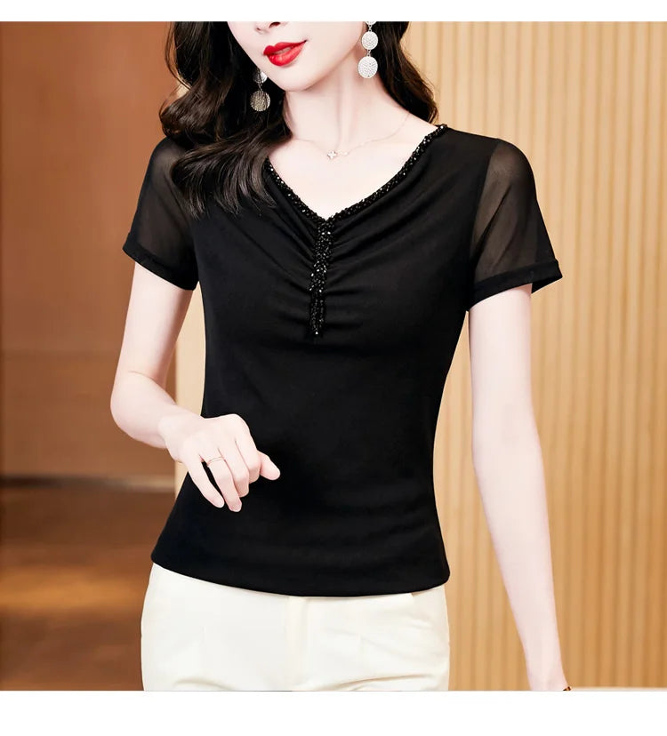 Women Fashion Diamonds V-neck Short Sleeve T-shirts Tops Girls High Stretchy Sheath Mesh Tee Shirts For Woman