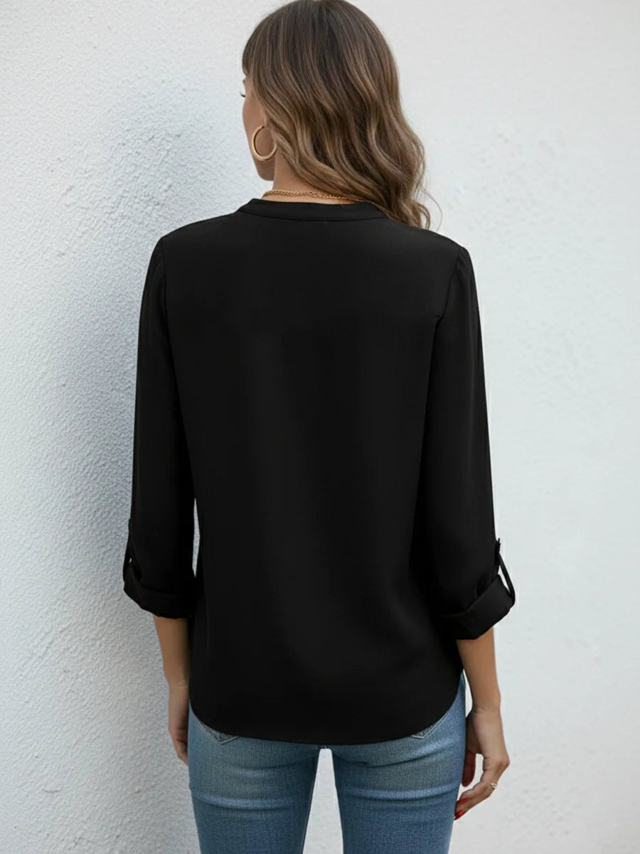 Women Elegant V-Neck Blouse Long Sleeve Roll Up Tops Casual Solid Color Loose Office Work Shirt Female Tunic Clothes