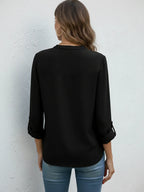 Women Elegant V-Neck Blouse Long Sleeve Roll Up Tops Casual Solid Color Loose Office Work Shirt Female Tunic Clothes