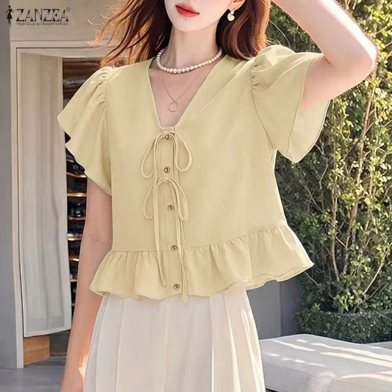ZANZEA Summer Women Tops 2026 Elegant V Neck Short Sleeve Work Shirt Femme Casual Lace -Up Blusas Stylish Ruffled Holiday Blouse