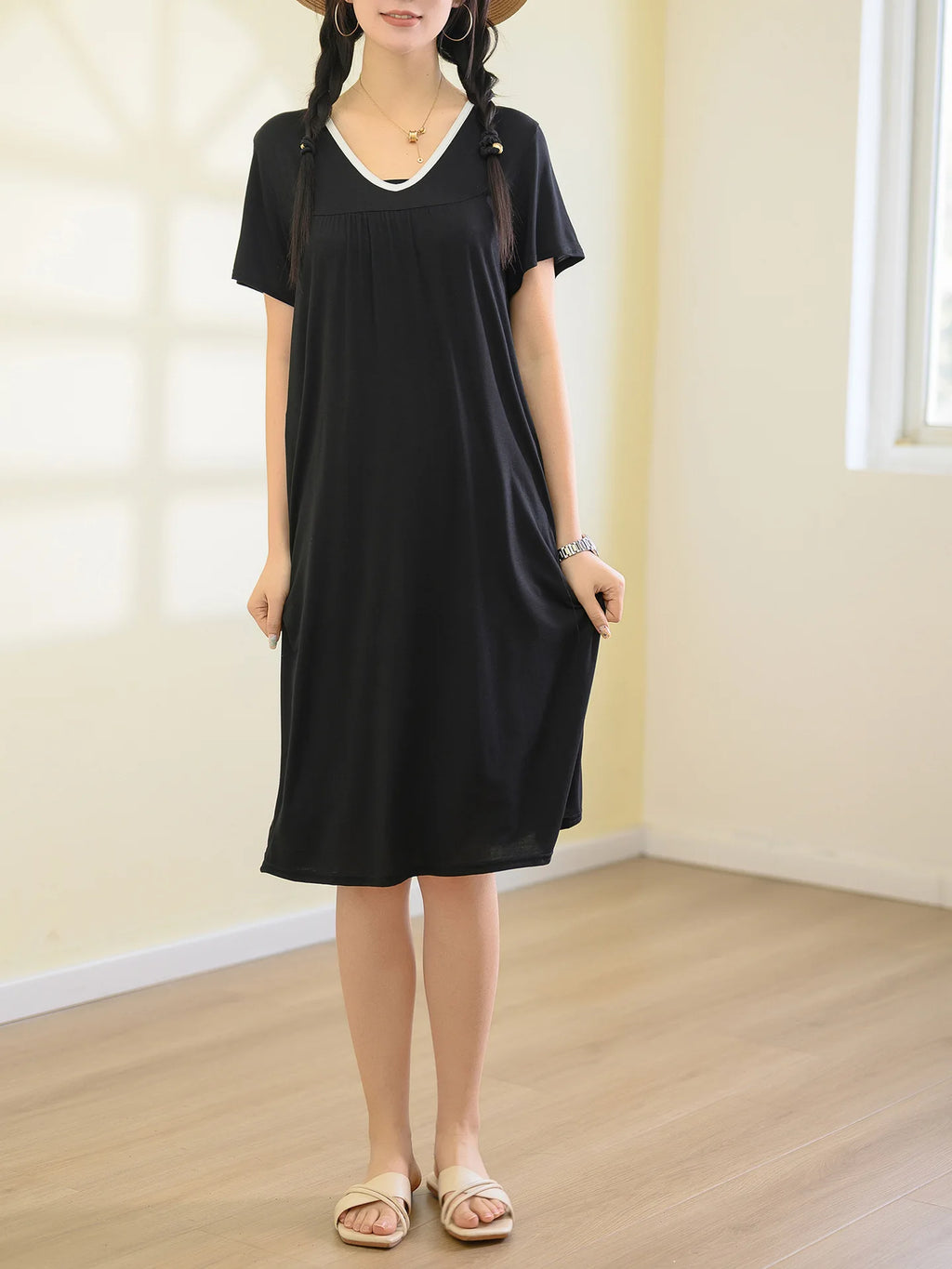 Plus size L to 6XL Modal V-Neck sleepdress summer women Loose homewear dress solid color casual long nightdress comfort homewear