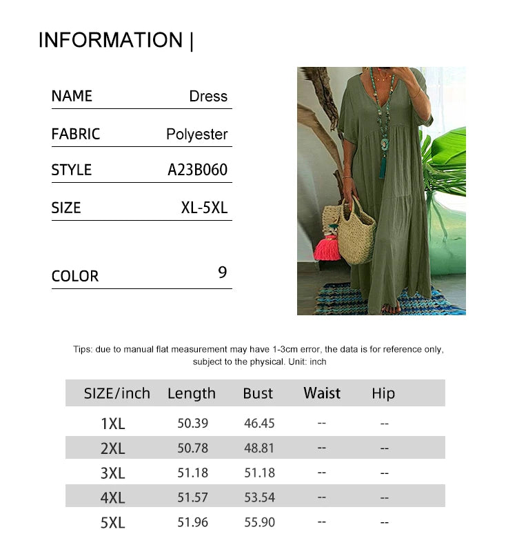 plus Size Women's Casual Loose V-Neck Solid Long Dress Spring Summer Pleated Big Size Women's Dress