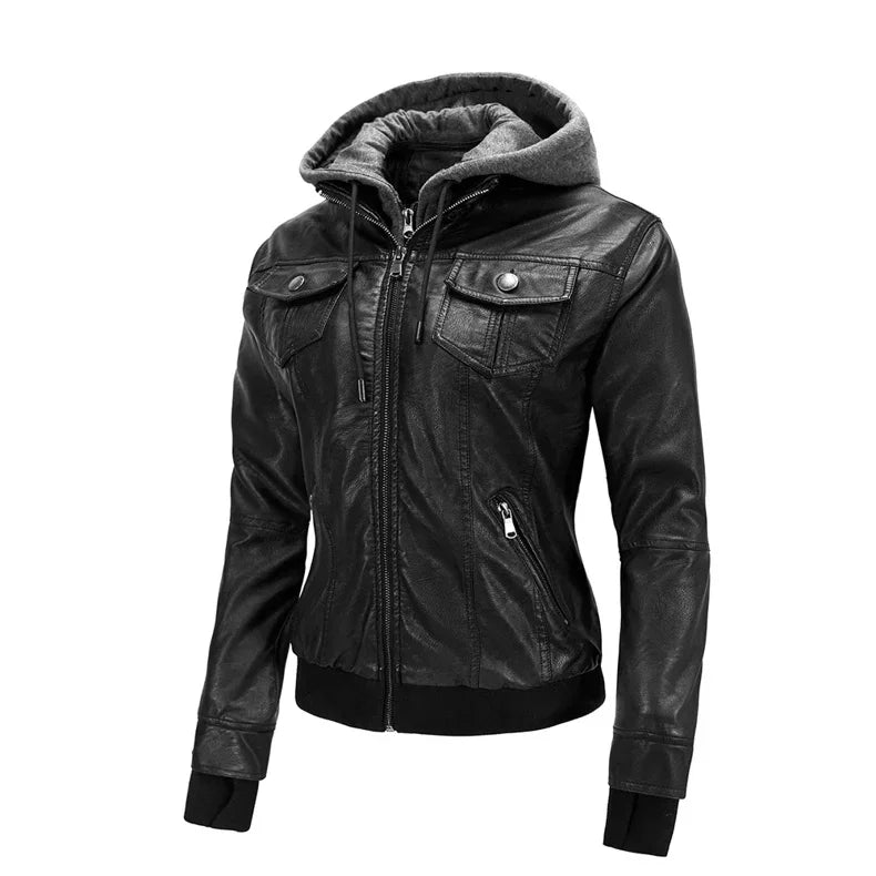 Veste Moto Femme Cuir PU – Capuche Amovible Slim Noir Streetwear