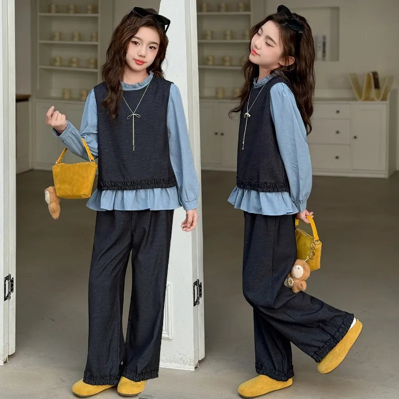 Back To School Clothing for Girls Outfits Set Toddler Kids Vest +Blue Shirt + Pants 3pcs Teens Kids Costumes Spring Autumn 2025