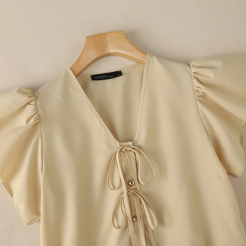 ZANZEA Summer Women Tops 2026 Elegant V Neck Short Sleeve Work Shirt Femme Casual Lace -Up Blusas Stylish Ruffled Holiday Blouse