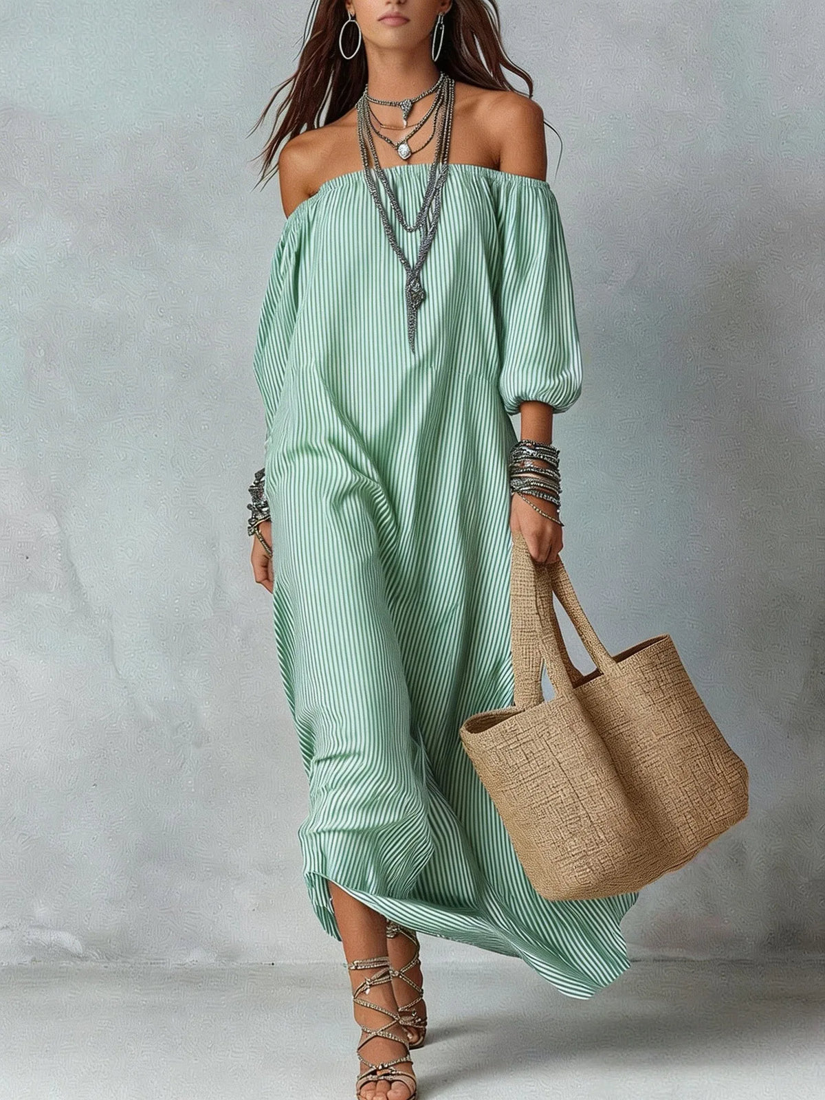 Casual Dresses New Spring Summer Elegant Striped Off-shoulder Loose Holiday Fashion Dress For Women Office Holiday Party Dress