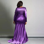Plus Size Elegant Women Dress Solid V-Neck Long Sleeve High Waist Luxury Evening Gown Party Wedding Guest Fishtail Long Dresses