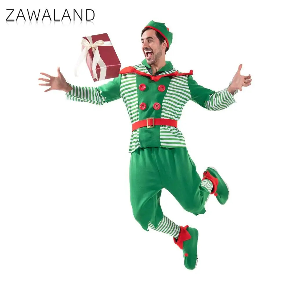 Zawaland Christmas Elf Costumes Dress Belt Hat Cosplay Family couple Carnival Party New Year Fancy Dress Up Set For Men Women