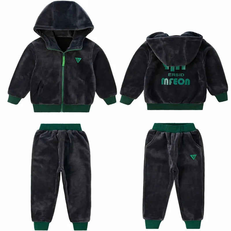 Boys Double-sided Velvet Sets Children Fashion Casual Hooded Suit Kids Autumn Winter Jackets+Pants 2Pcs Outfits Teenager Clothes