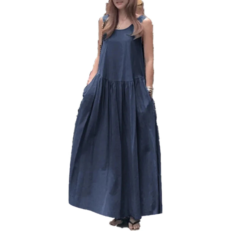 Women's Dress 2025 Summer Cotton and Linen Casual Round Neck Sleeveless Large Size Loose Solid Color Vest Long Swing Dress