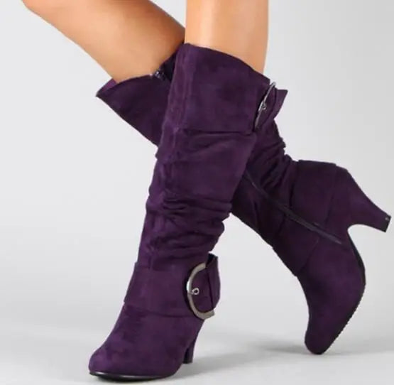 Bottes Cavalier Femme Velours Givré – Talon Aiguille Boucle Printemps Automne