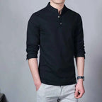 Men's Clothing  Men Spring Tops & Tees Male Fashion T-Shirts Stand Collar Long-sleeved Slim Base Shirt Homme Linen t-shirt