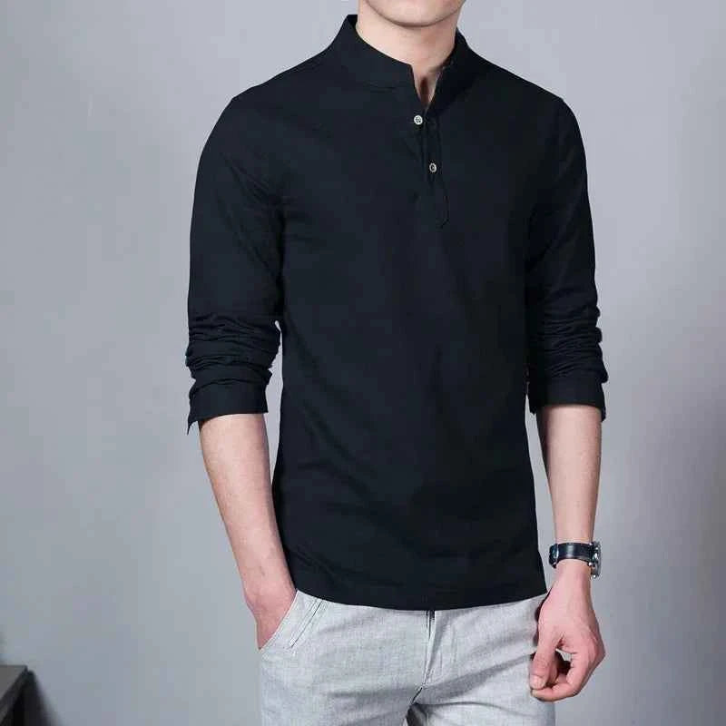 Men's Clothing  Men Spring Tops & Tees Male Fashion T-Shirts Stand Collar Long-sleeved Slim Base Shirt Homme Linen t-shirt